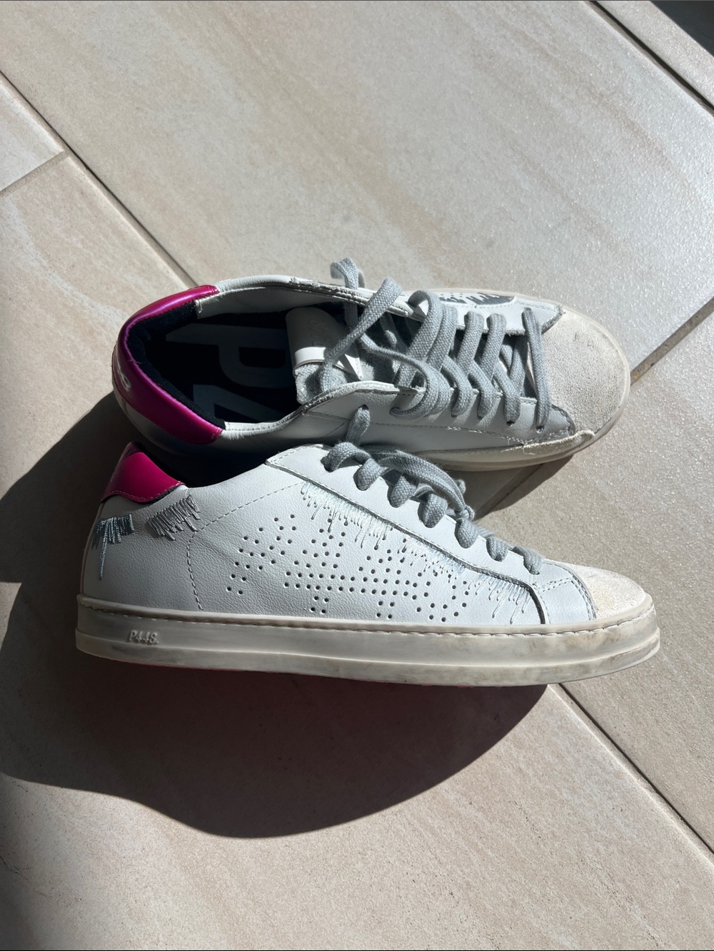 P448 White Leather Low-Top Sneakers with Pink Heel